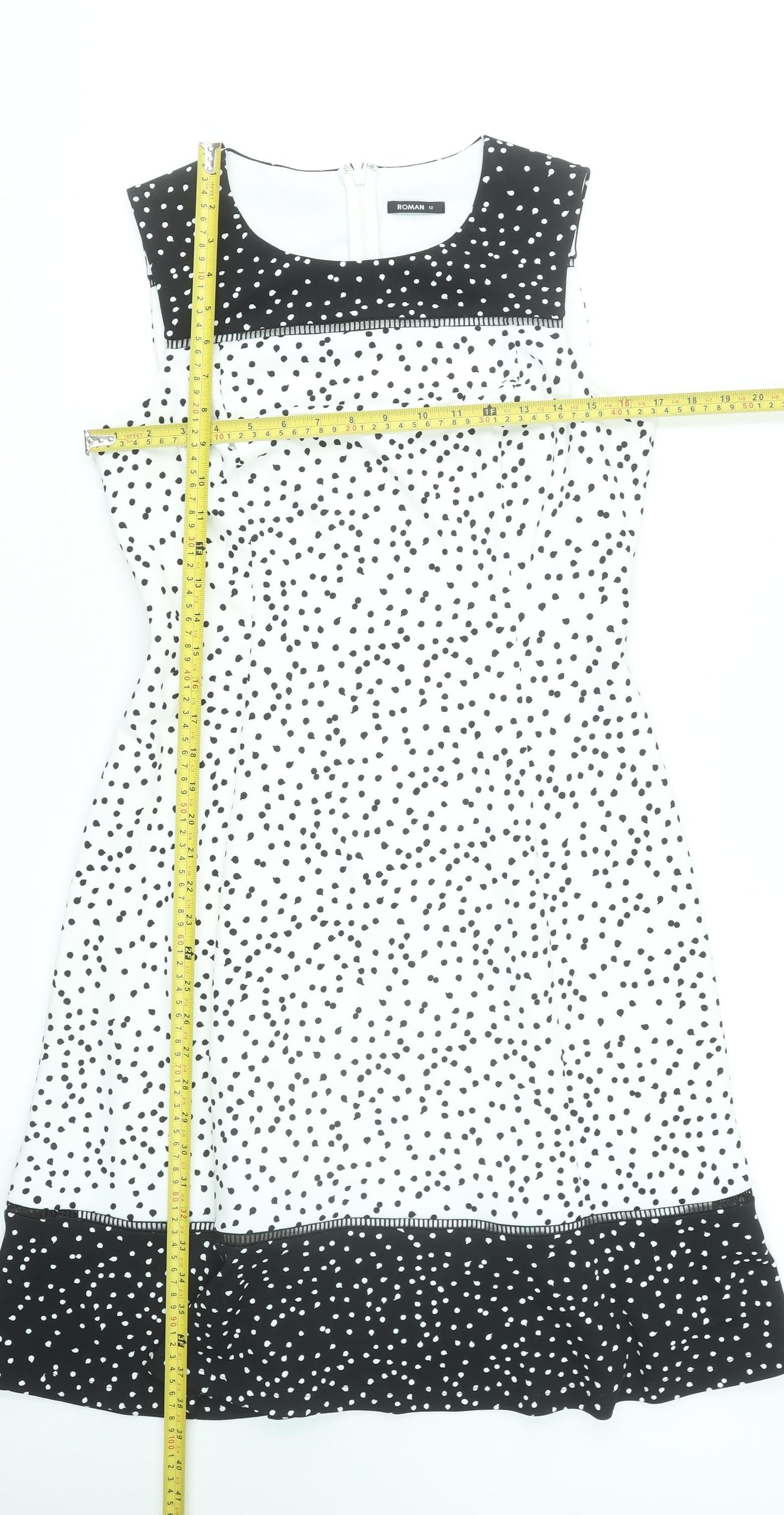 Roman Women Black Polka Dot Fit & Flare Sleeveless Knee Length Dress Size 12
