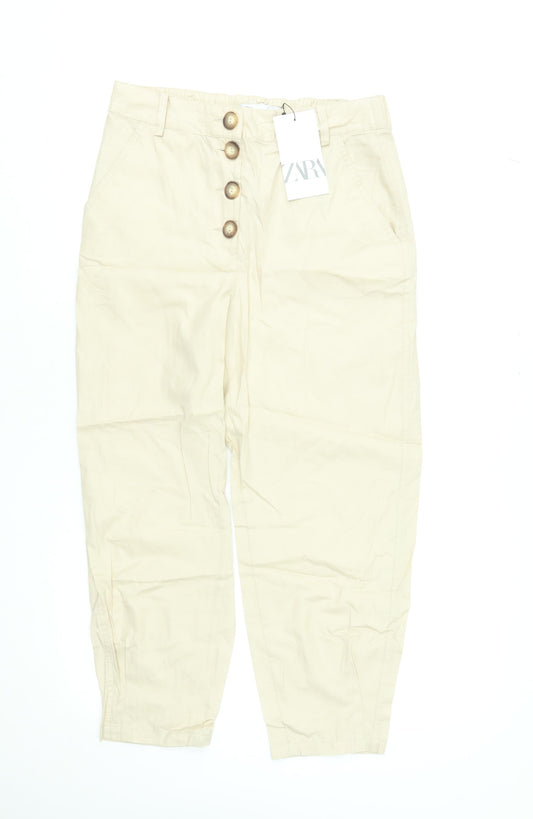 Zara Women Beige Cotton Cropped Trousers XS High Waist Button Front