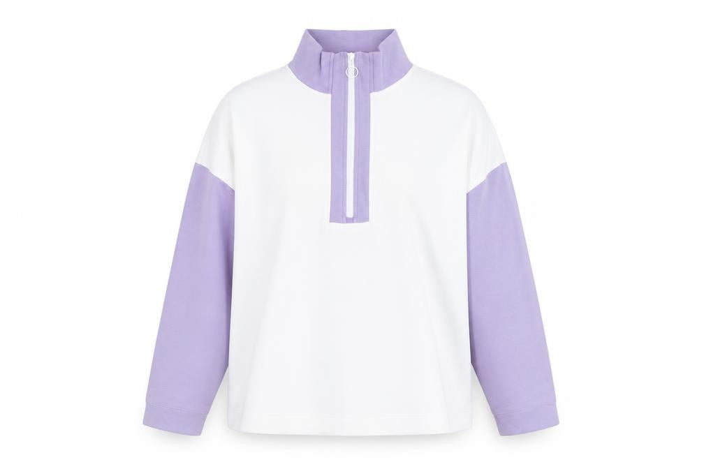 Front view of Dunnes Women White & Lilac 1/2 Zip Pullover Sweatshirt, size L