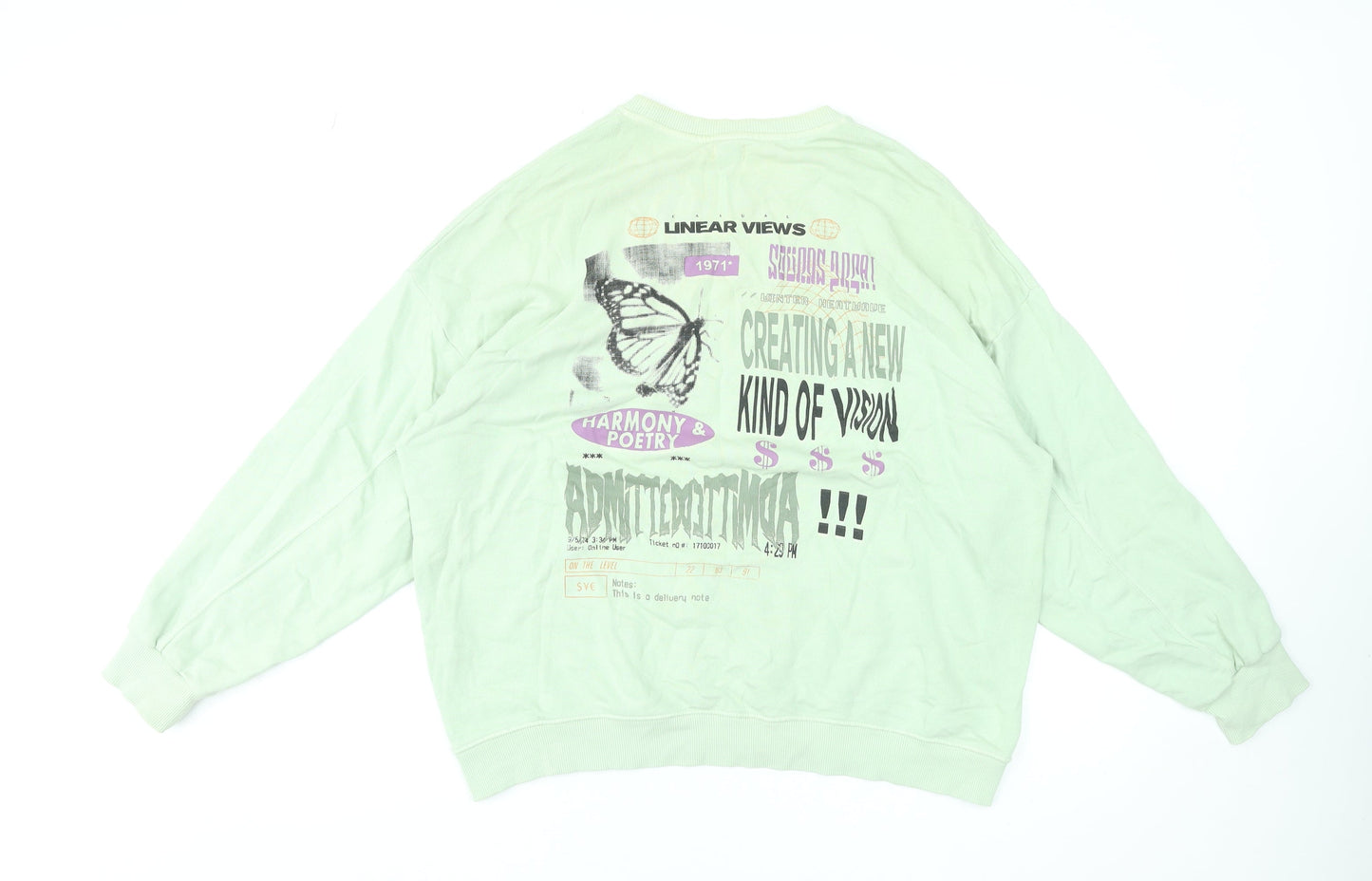 Pull&Bear Womens Green Graphic Pullover Sweatshirt Size M Cotton Blend