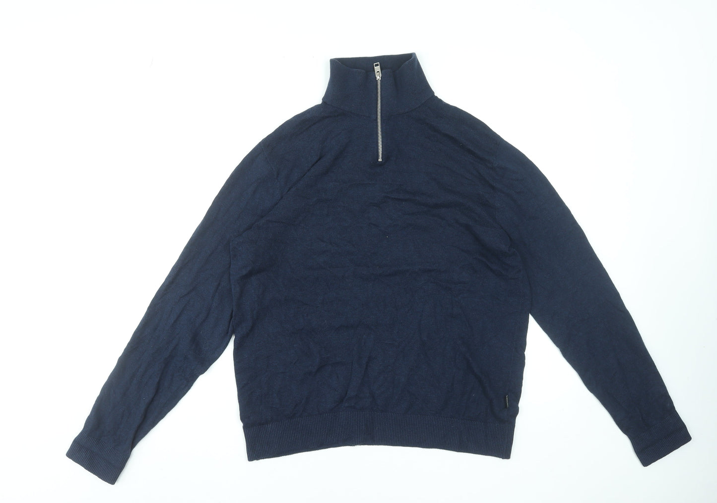 Jack & Jones Men's Blue L High Neck 1/2 Zip Cotton Knit Jumper