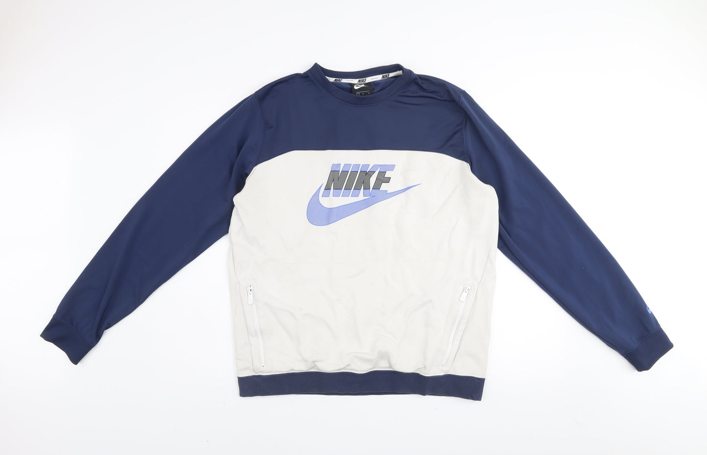 Nike Men's Blue Beige Pullover Sweatshirt L Crew Neck Logo Zip Pockets