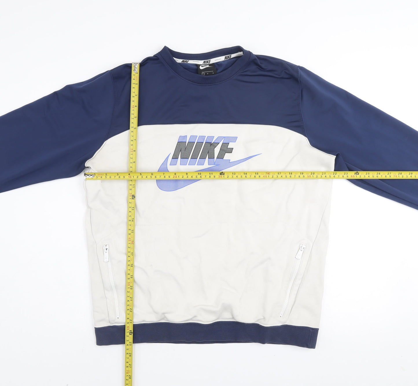 Nike Men's Blue Beige Pullover Sweatshirt L Crew Neck Logo Zip Pockets