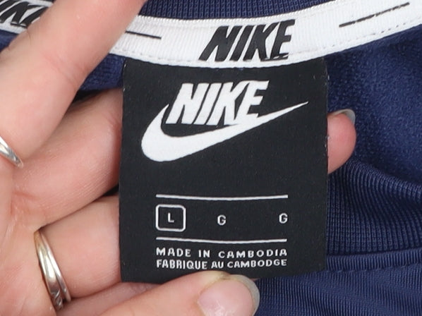 Nike Men's Blue Beige Pullover Sweatshirt L Crew Neck Logo Zip Pockets