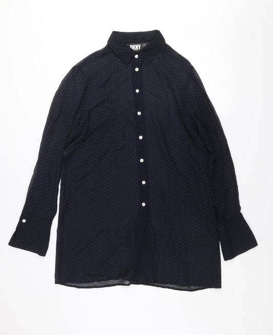 DKNY Women Black Polka Dot Silk Button-Up Long Sleeve Shirt L