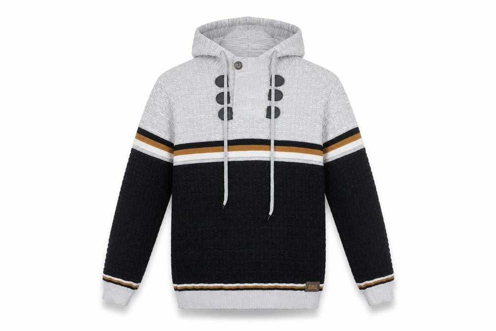 Club JU Men's Black Striped Knit Pullover Hoodie Size S