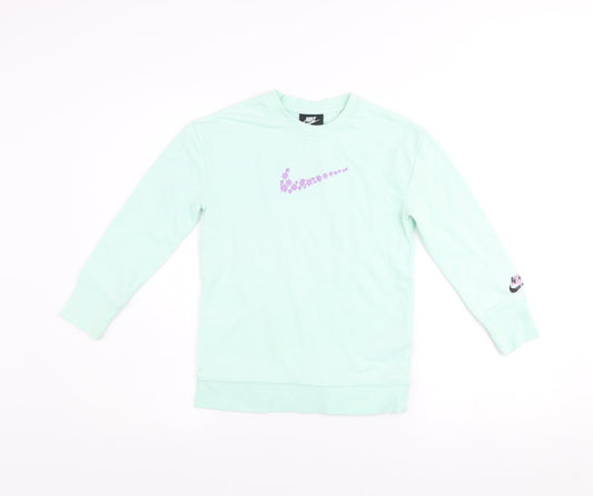 Nike Girls Green Floral Logo Sweatshirt 6-7 Years Pullover Crew Neck