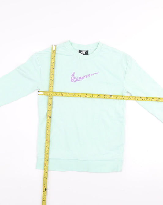 Nike Girls Green Floral Logo Sweatshirt 6-7 Years Pullover Crew Neck