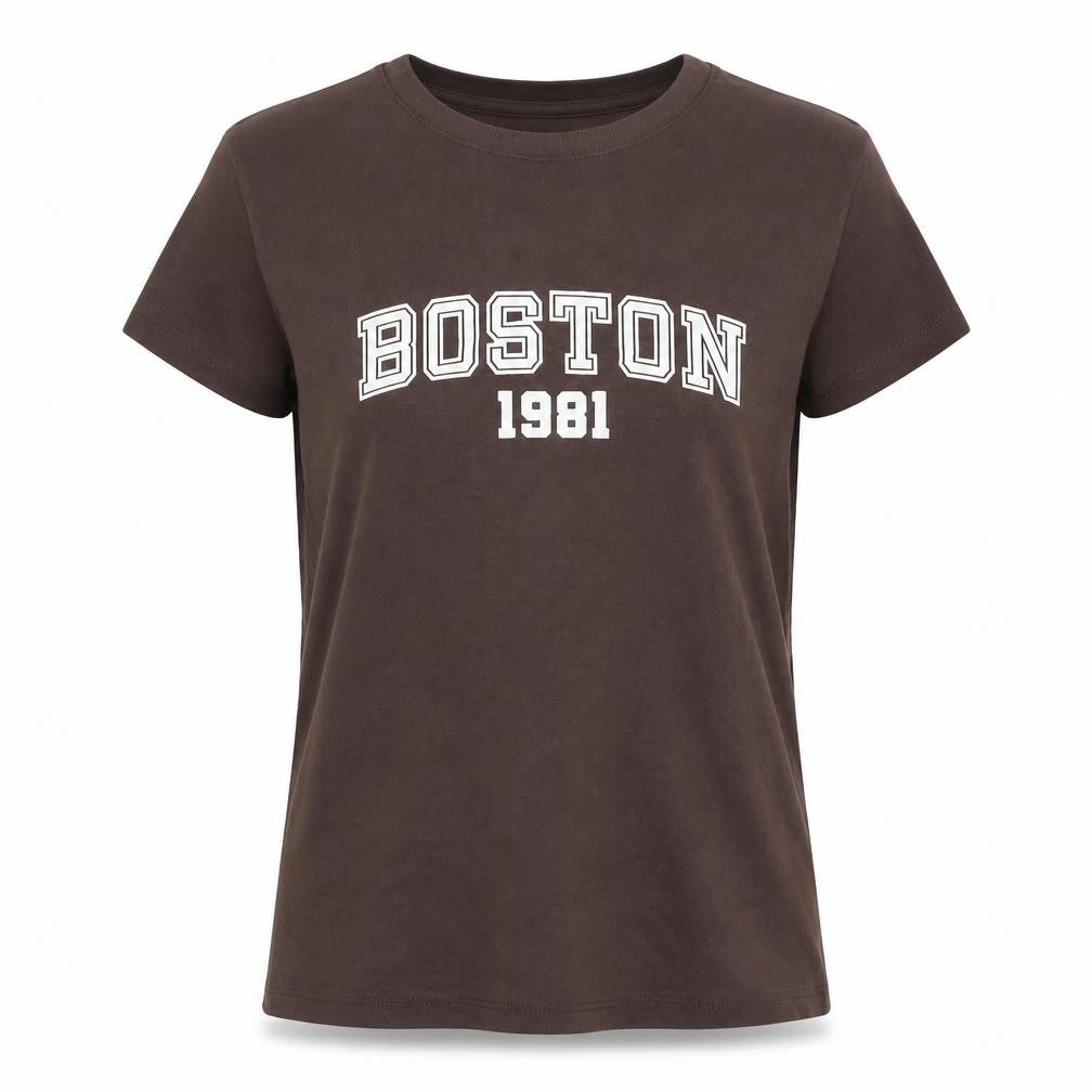 Stradivarius Women's Brown Cotton 'Boston 1981' T-Shirt Size 12