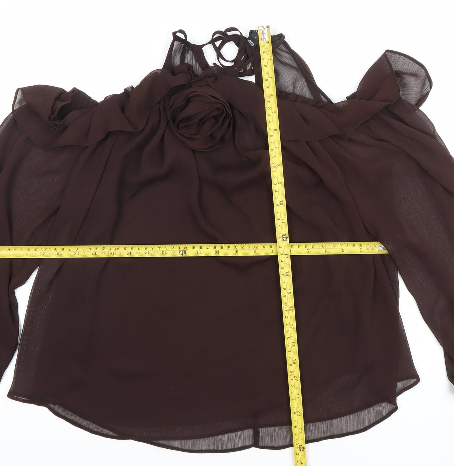 River Island Women's Brown Chiffon Cold Shoulder Ruffle Blouse Size 10