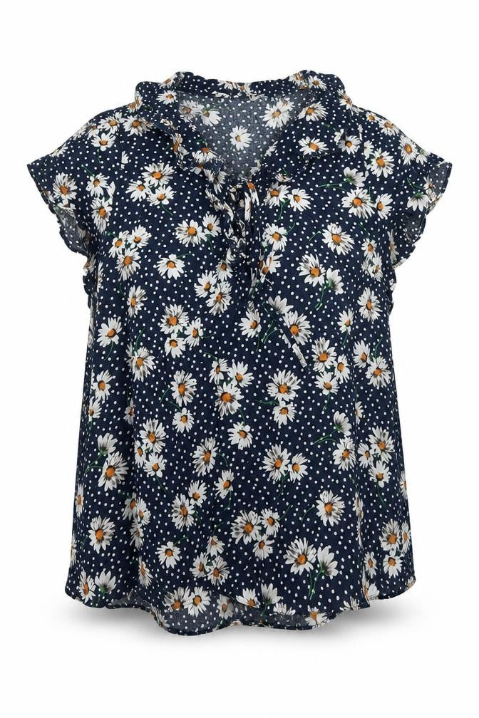 Dunnes Women's Blue Floral Ruffle V-Neck Blouse Size 10