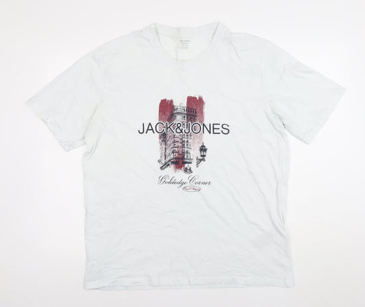 Jack & Jones Mens White 2XL Graphic Print Cotton T-Shirt