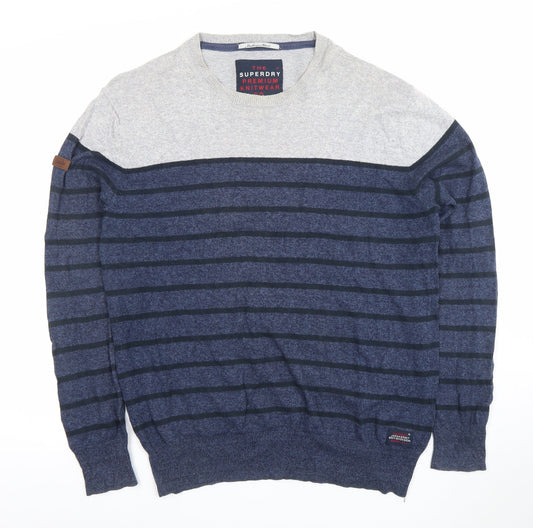 Superdry Men's Blue Striped Crew Neck Cotton Wool Blend Jumper XL