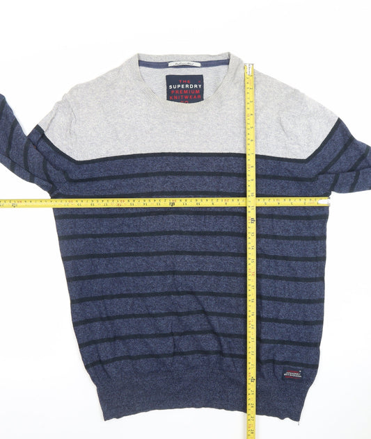 Superdry Men's Blue Striped Crew Neck Cotton Wool Blend Jumper XL