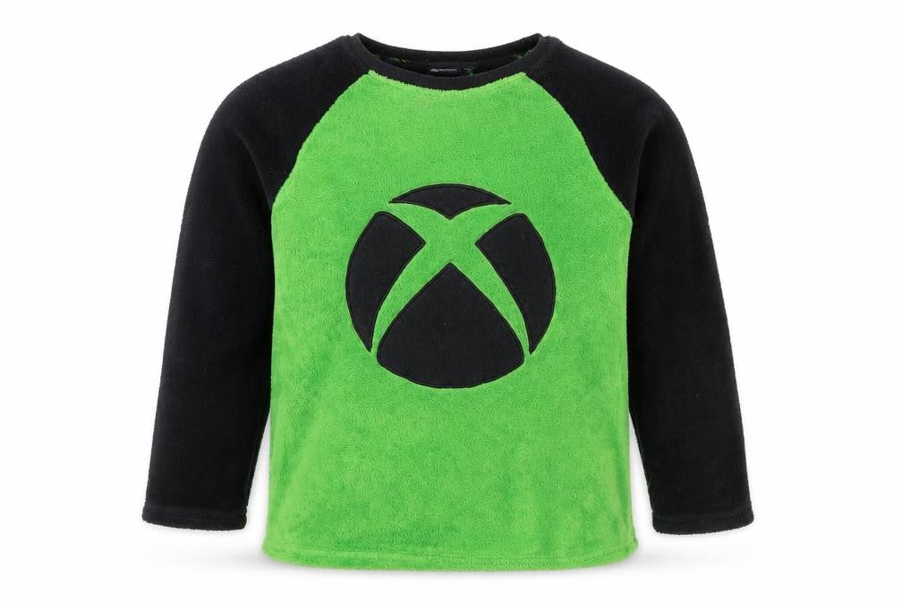 Front view of Xbox boys’ green black fleece long sleeve pyjama top 8-9 years