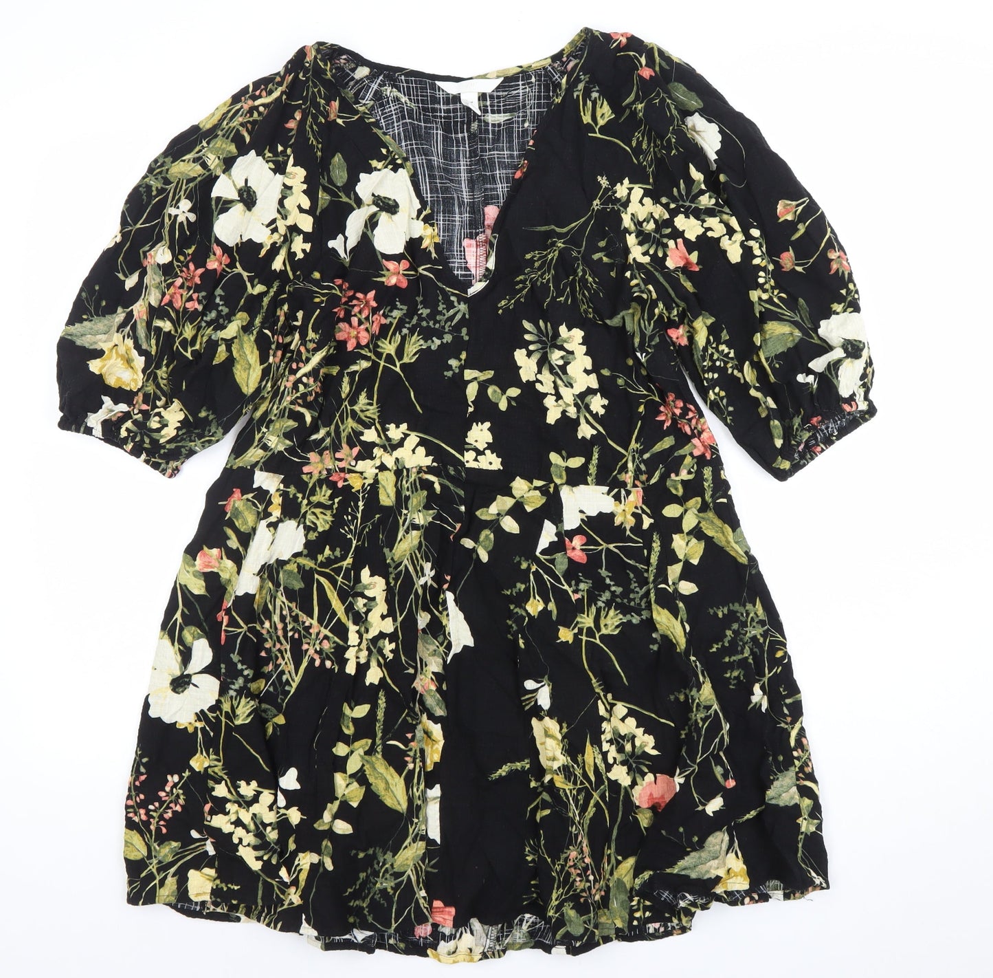 H&M Women’s Black Floral V-Neck A-Line Short Dress Size 12