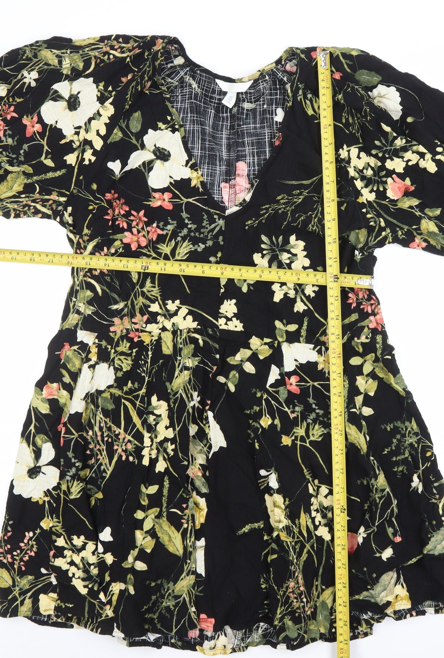 H&M Women’s Black Floral V-Neck A-Line Short Dress Size 12