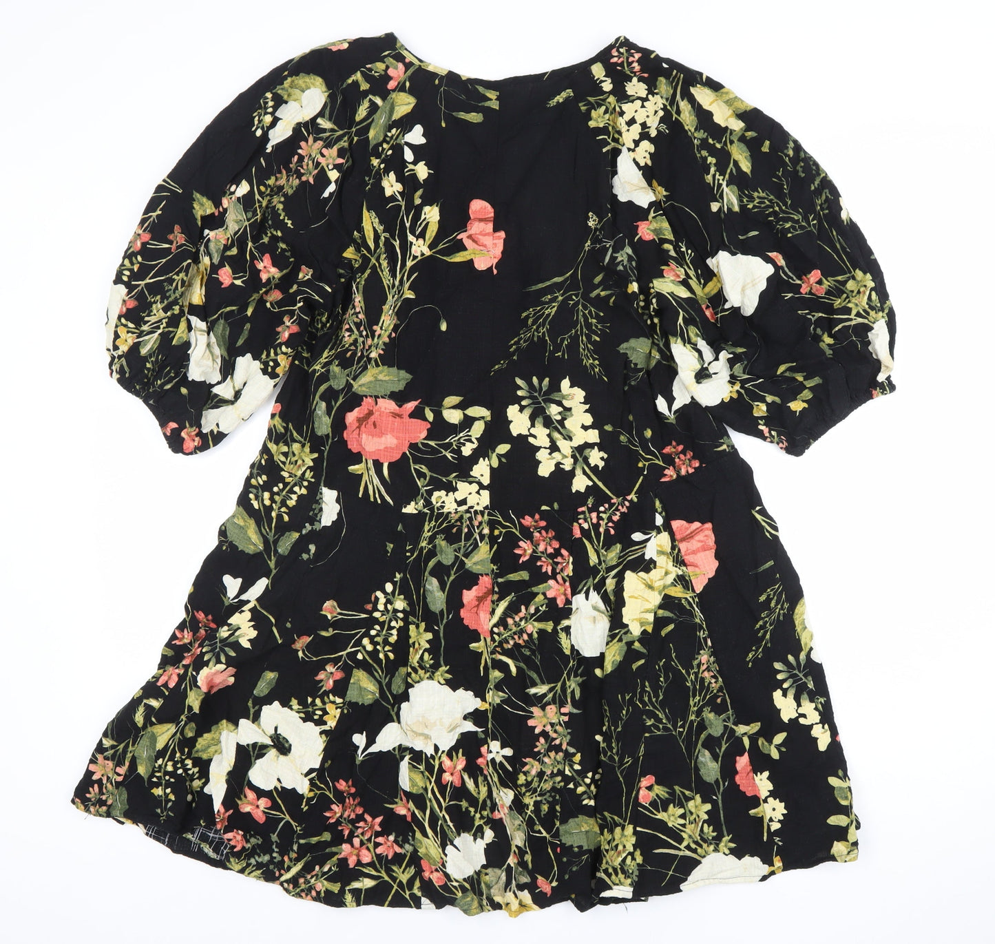 H&M Women’s Black Floral V-Neck A-Line Short Dress Size 12