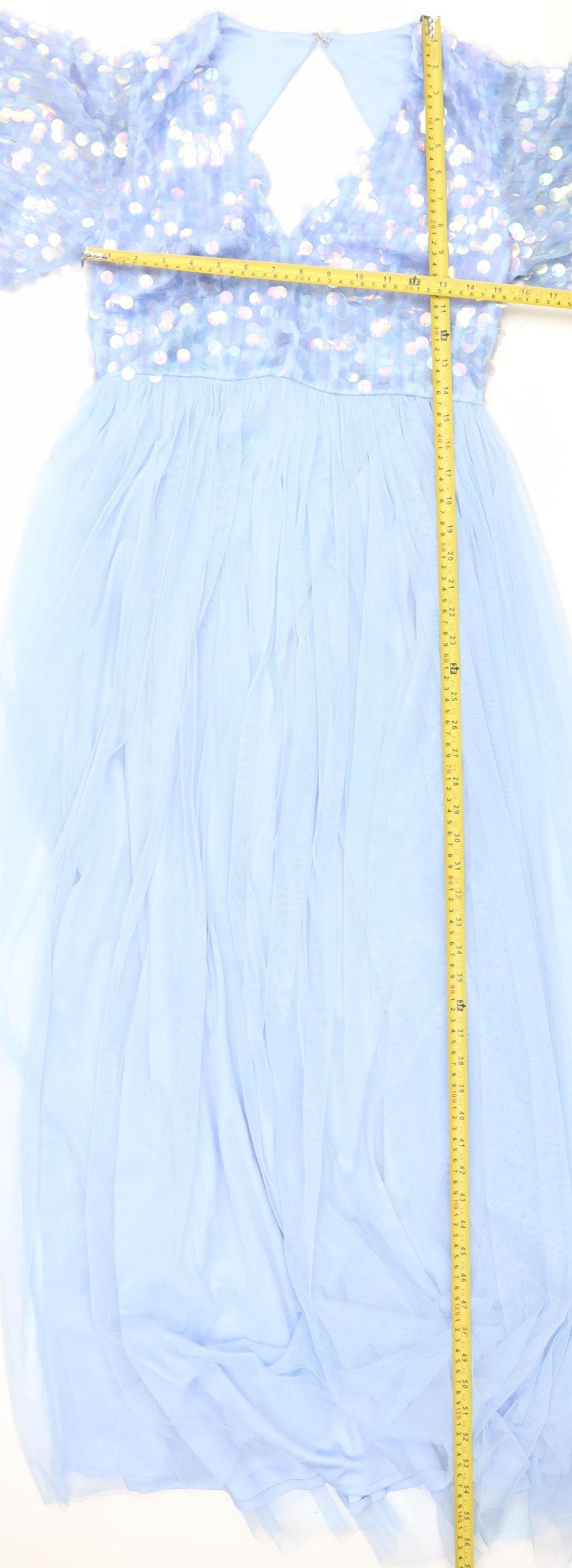Maya Deluxe Women Blue Sequin Maxi Dress V-Neck Size 12
