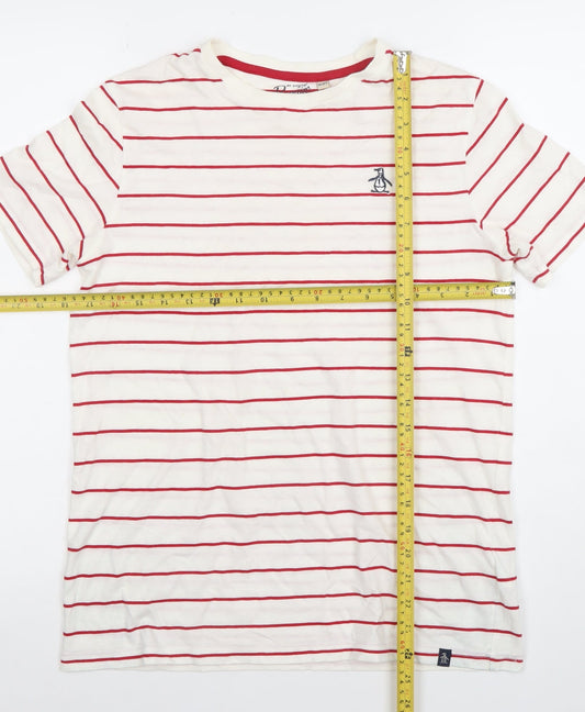 Penguin Boys White Red Striped Cotton Crew Neck T-Shirt Size 14-15 Years