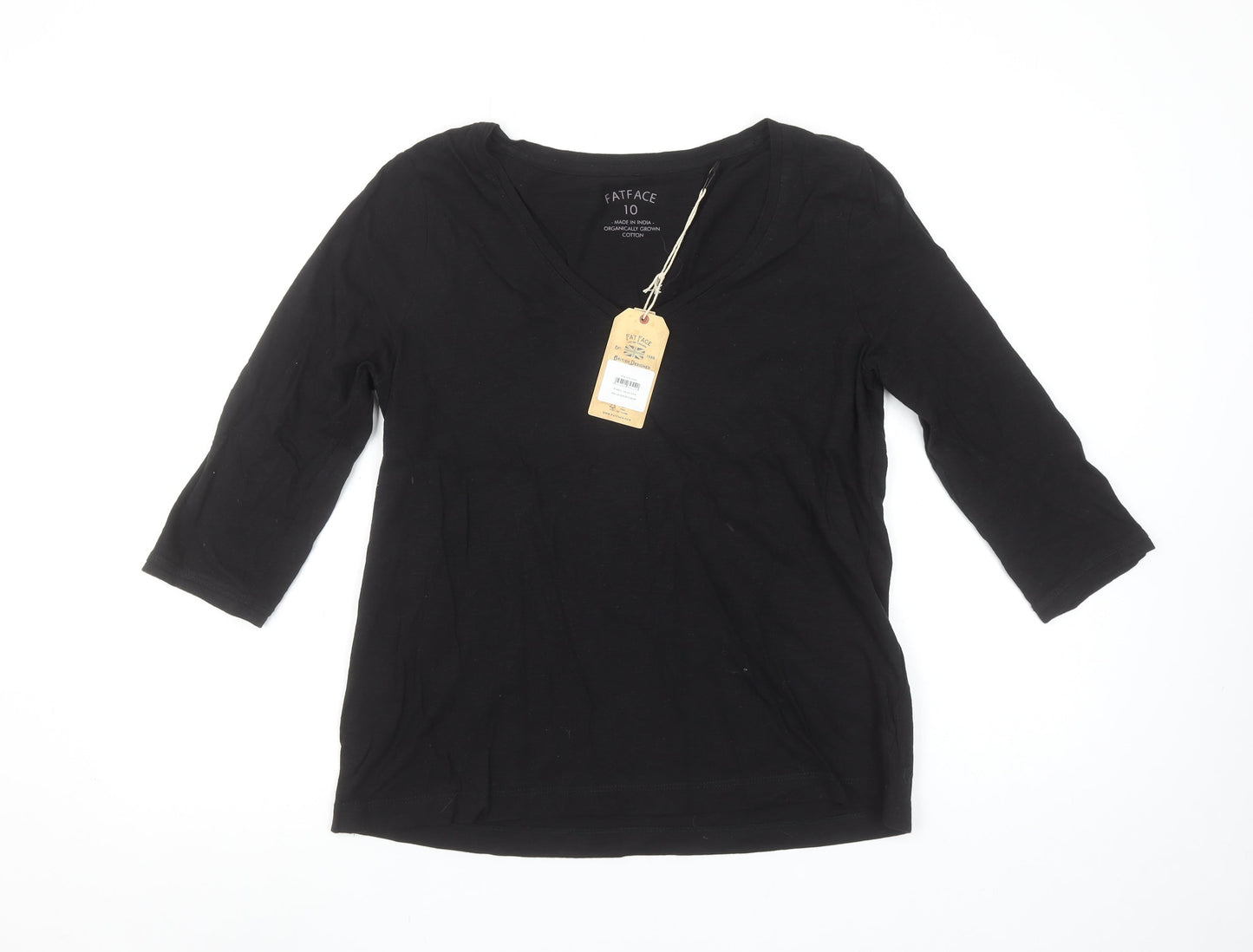 FatFace Womens Black Organic Cotton 3/4 Sleeve V-Neck T-Shirt Size 10