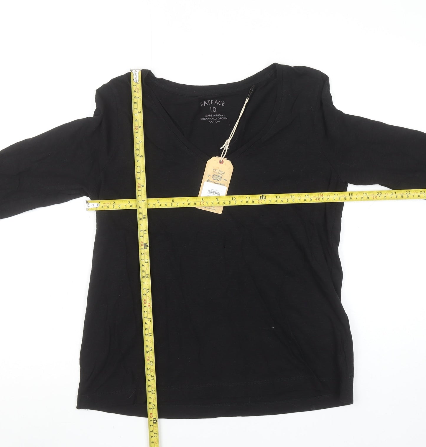 FatFace Womens Black Organic Cotton 3/4 Sleeve V-Neck T-Shirt Size 10