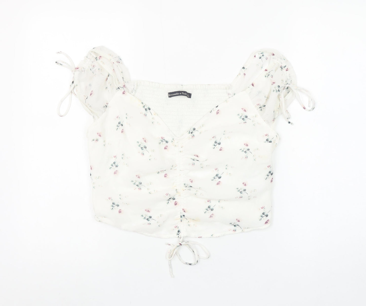 Abercrombie & Fitch Womens Ivory Floral Cropped Puff Sleeve Blouse L