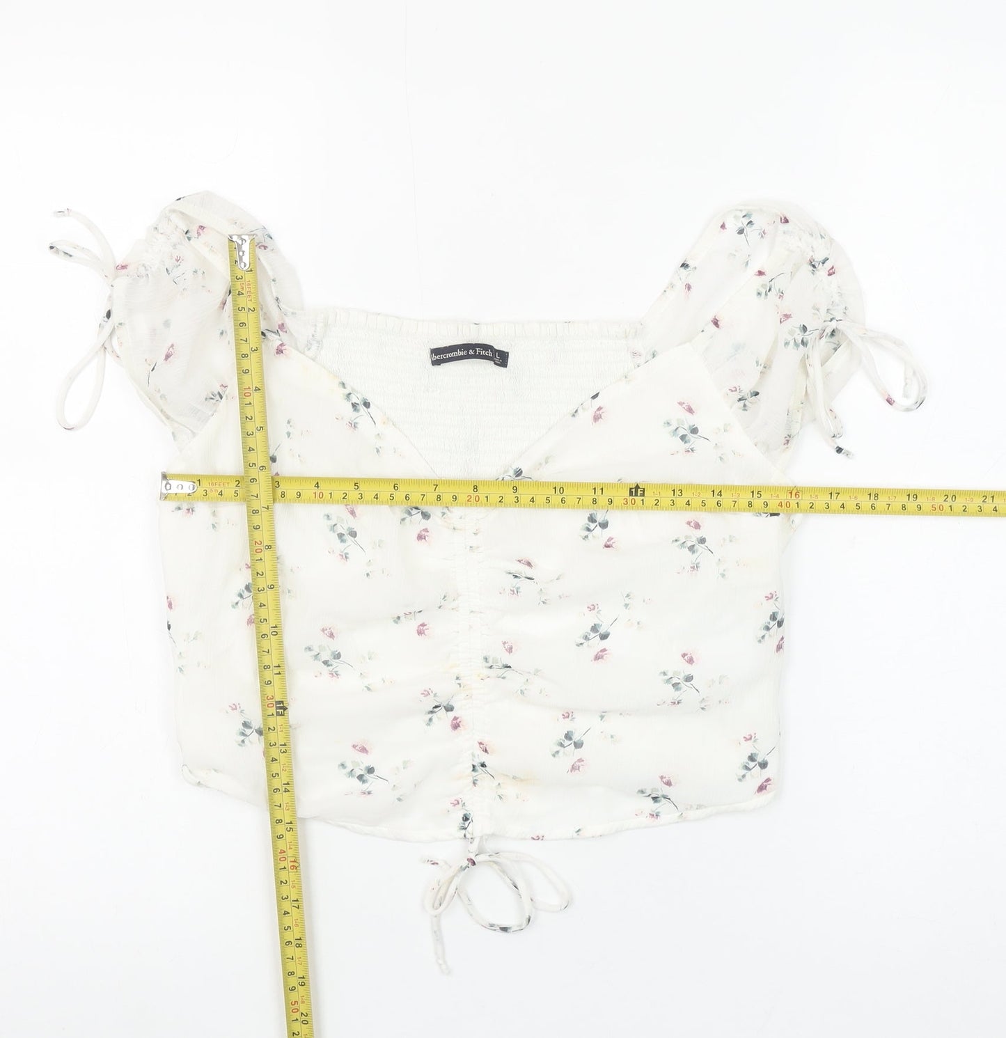 Abercrombie & Fitch Womens Ivory Floral Cropped Puff Sleeve Blouse L