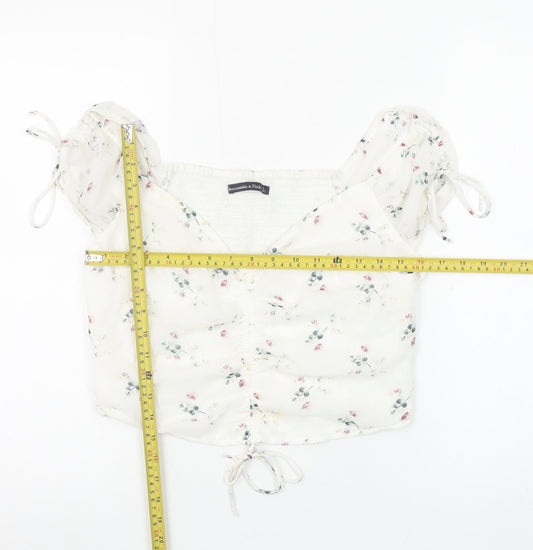 Abercrombie & Fitch Womens Ivory Floral Cropped Puff Sleeve Blouse L