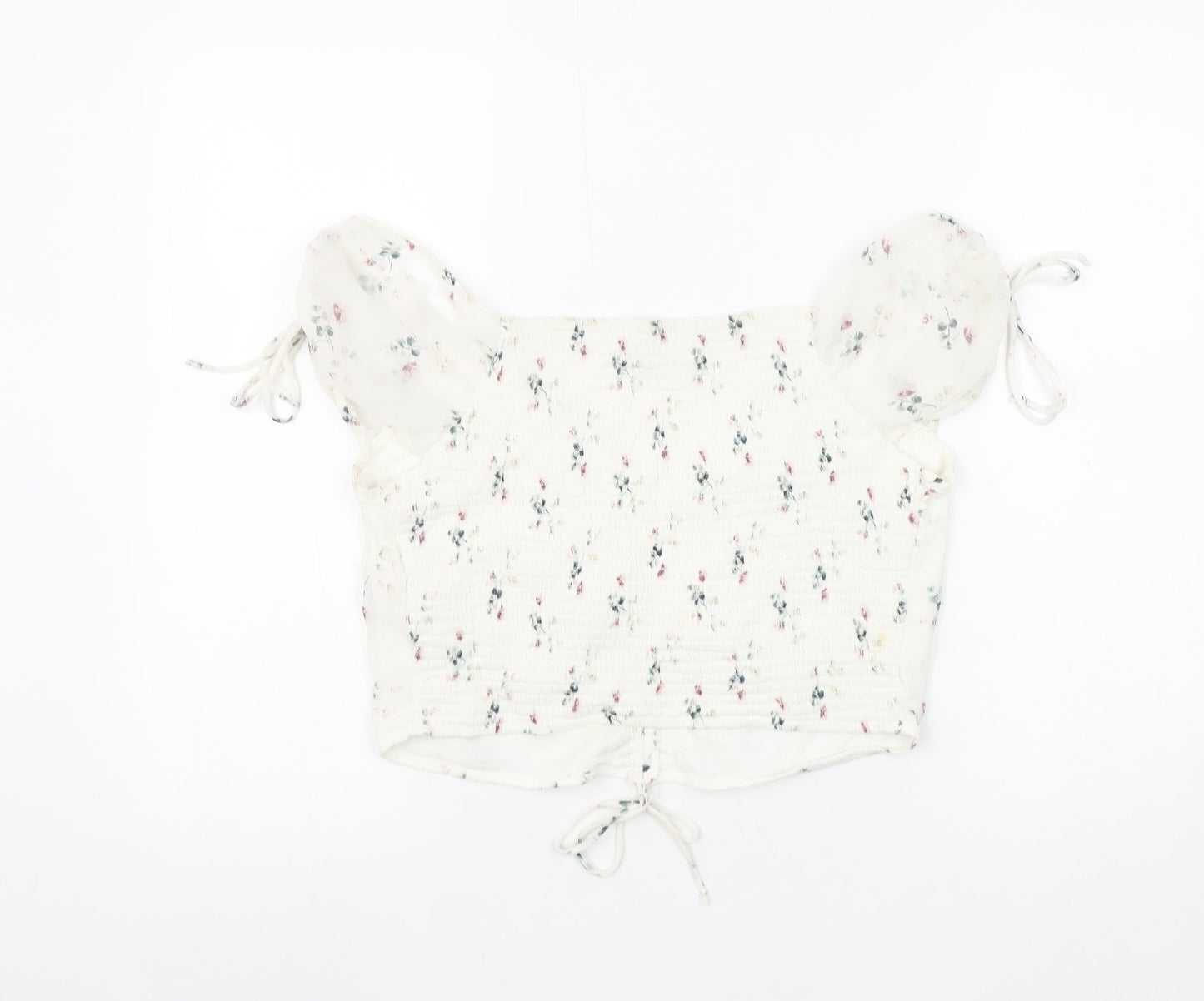 Abercrombie & Fitch Womens Ivory Floral Cropped Puff Sleeve Blouse L