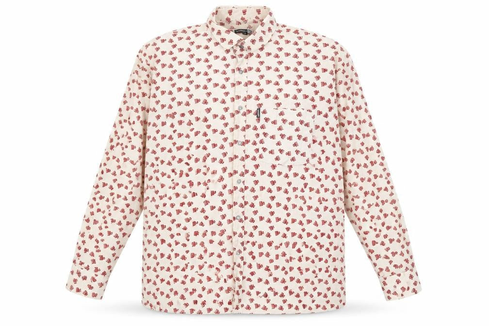 Woodin Men's Beige Red Patterned Button-Up Cotton Shirt XL