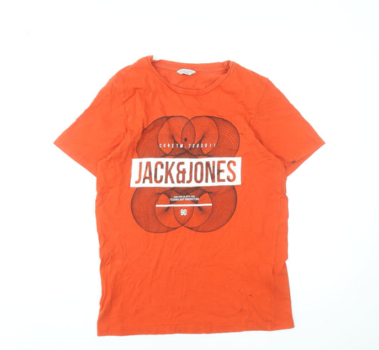 Jack & Jones Men's Orange Graphic Crew Neck Cotton T-Shirt Size S