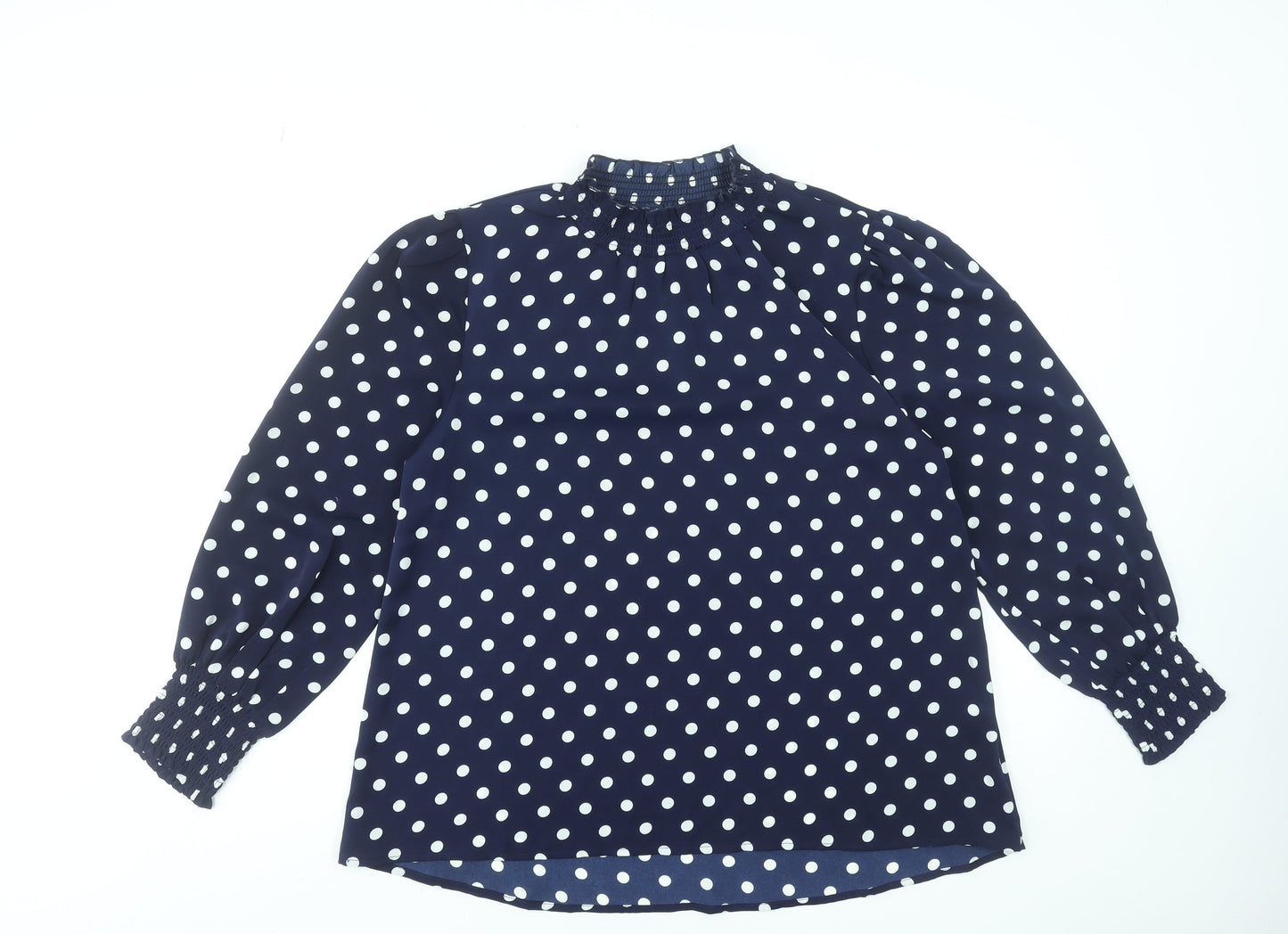 Rowen Avenue Women's Blue Polka Dot High Neck Long Sleeve Blouse Size M