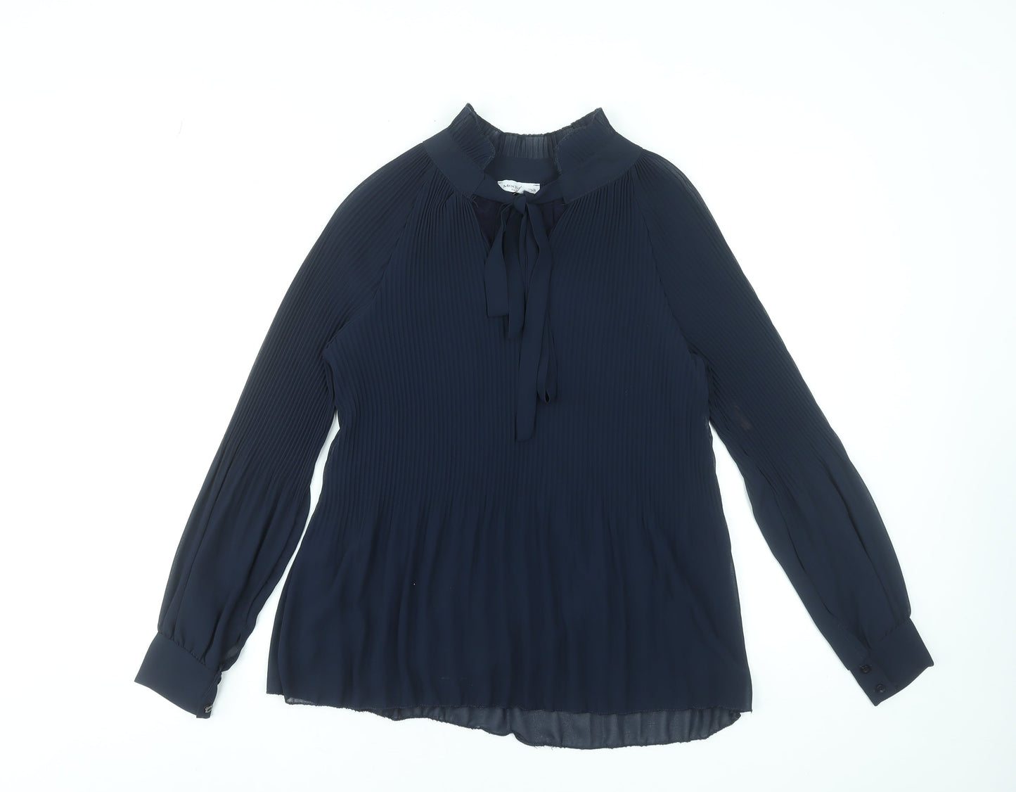 Modissima Women's Blue Pleated Bow Neck Long Sleeve Blouse Size S
