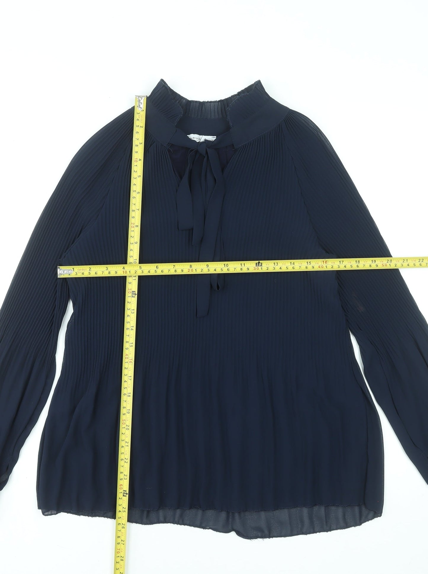 Modissima Women's Blue Pleated Bow Neck Long Sleeve Blouse Size S