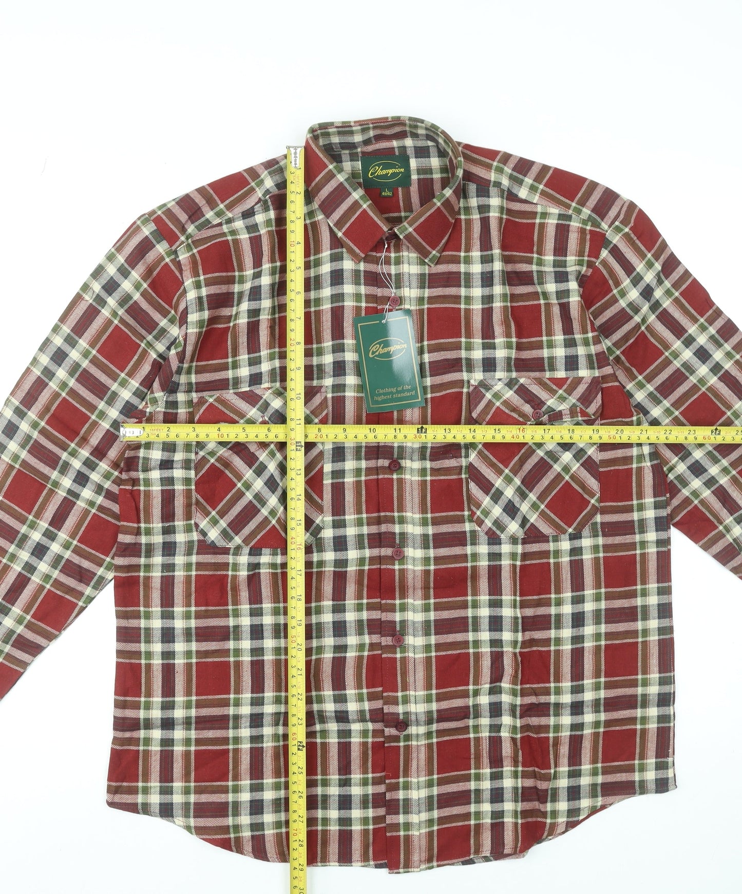 Champion Men's Red Plaid Cotton Flannel Long Sleeve Button-Up Shirt L