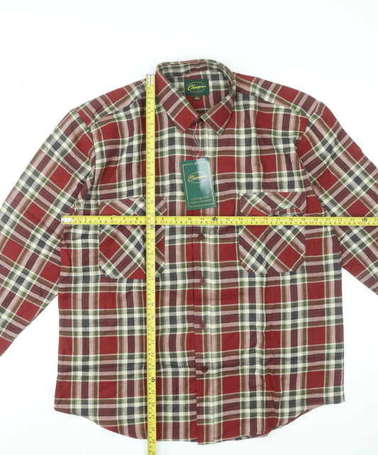 Champion Men's Red Plaid Cotton Flannel Long Sleeve Button-Up Shirt L