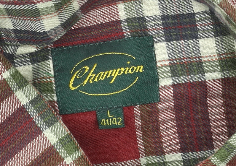 Champion Men's Red Plaid Cotton Flannel Long Sleeve Button-Up Shirt L