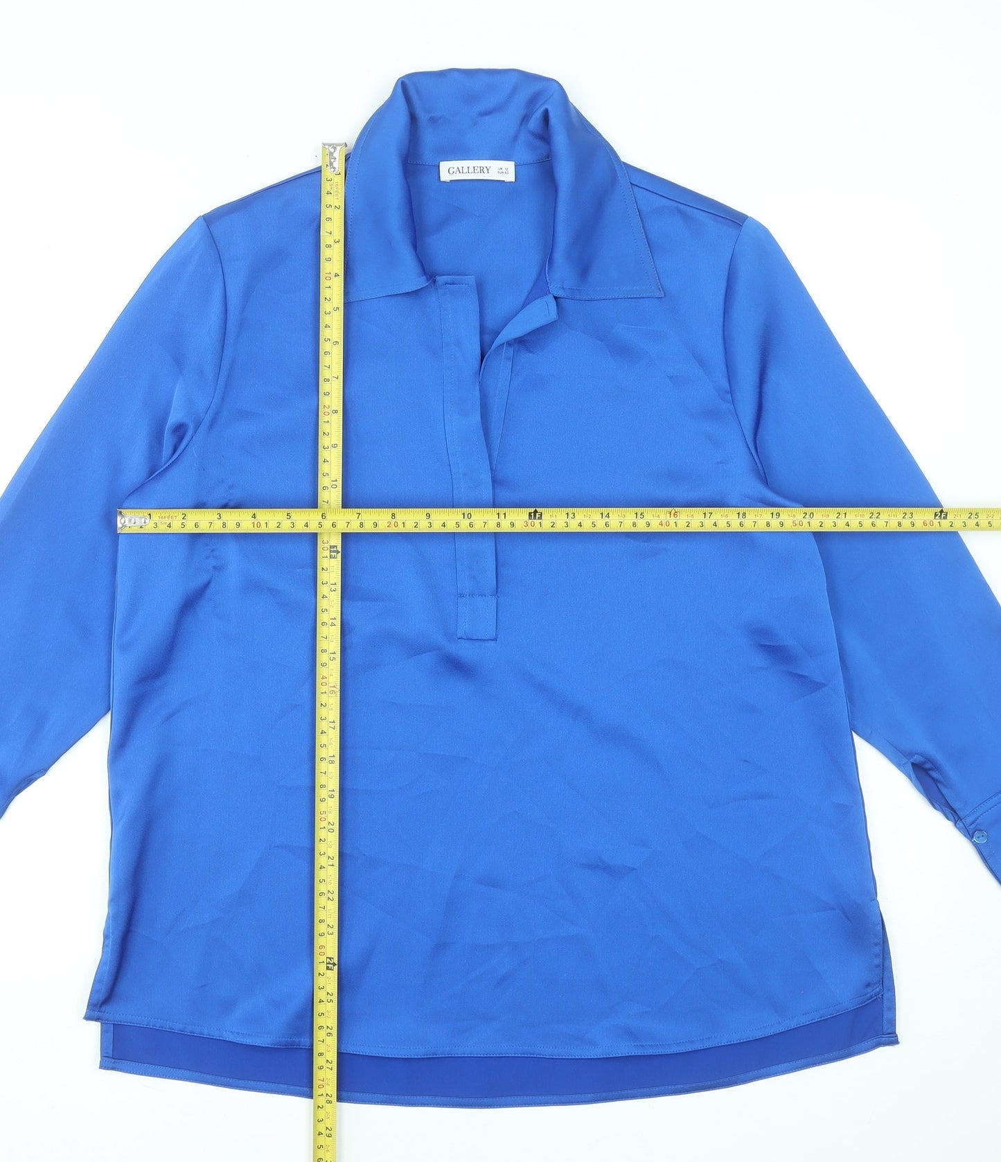 Gallery Womens Blue Long Sleeve Collared Satin Blouse UK 12