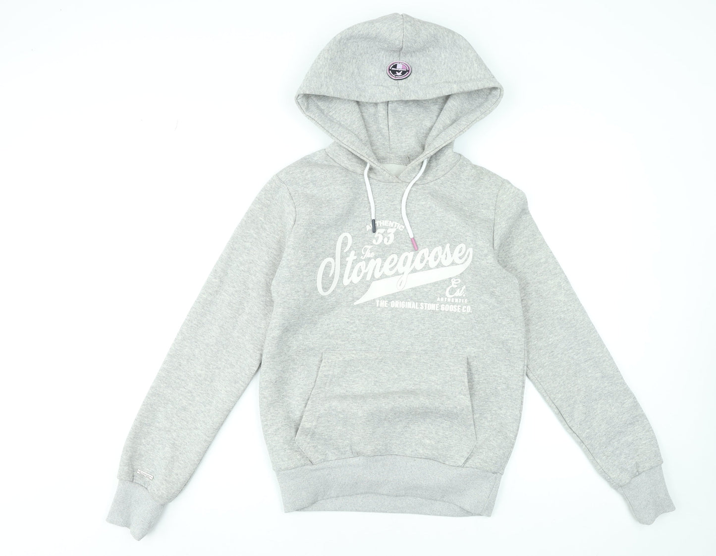 Stone Goose Women Grey Pullover Hoodie Size 2 Cotton Blend Graphic