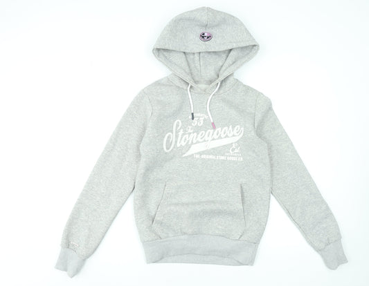Stone Goose Women Grey Pullover Hoodie Size 2 Cotton Blend Graphic