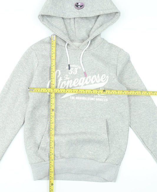 Stone Goose Women Grey Pullover Hoodie Size 2 Cotton Blend Graphic