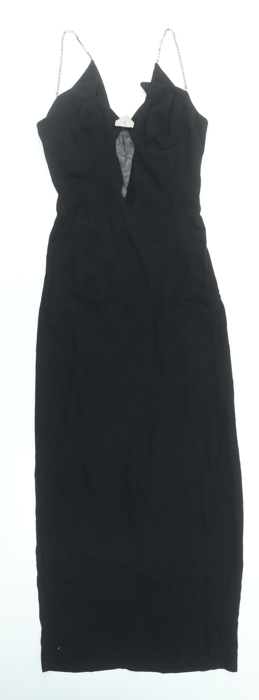 Anima Women’s Black Long Bodycon Dress Size 14 Beaded Strap V-Neck