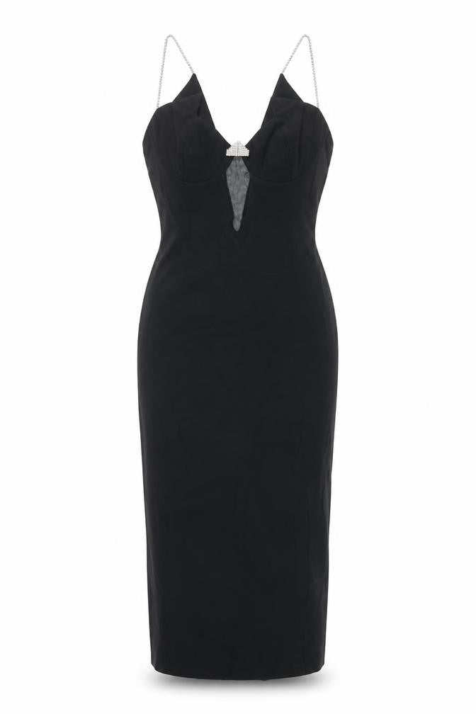 Anima Women’s Black Long Bodycon Dress Size 14 Beaded Strap V-Neck