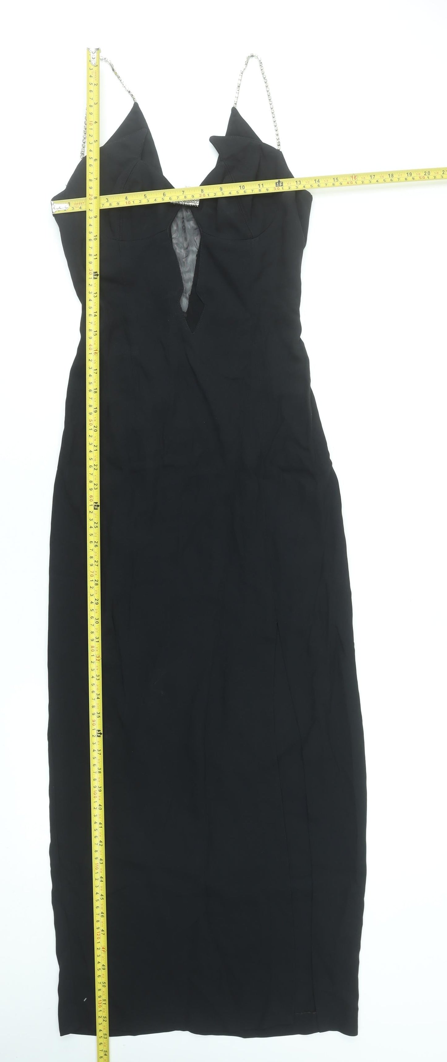 Anima Women’s Black Long Bodycon Dress Size 14 Beaded Strap V-Neck