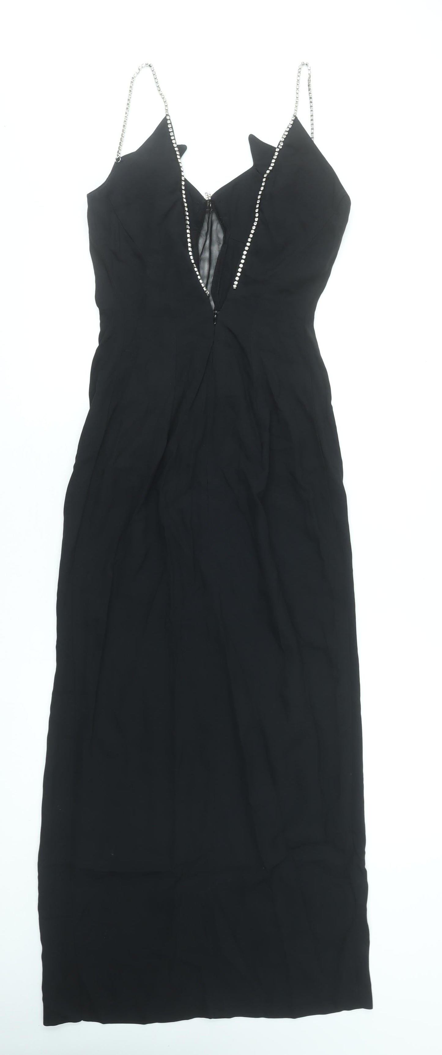 Anima Women’s Black Long Bodycon Dress Size 14 Beaded Strap V-Neck