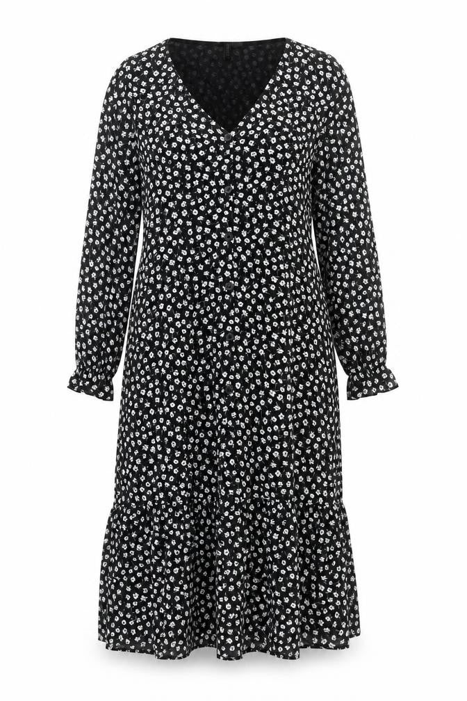 H&M Divided Women's Black Floral Midi A-Line Button Dress Size 10