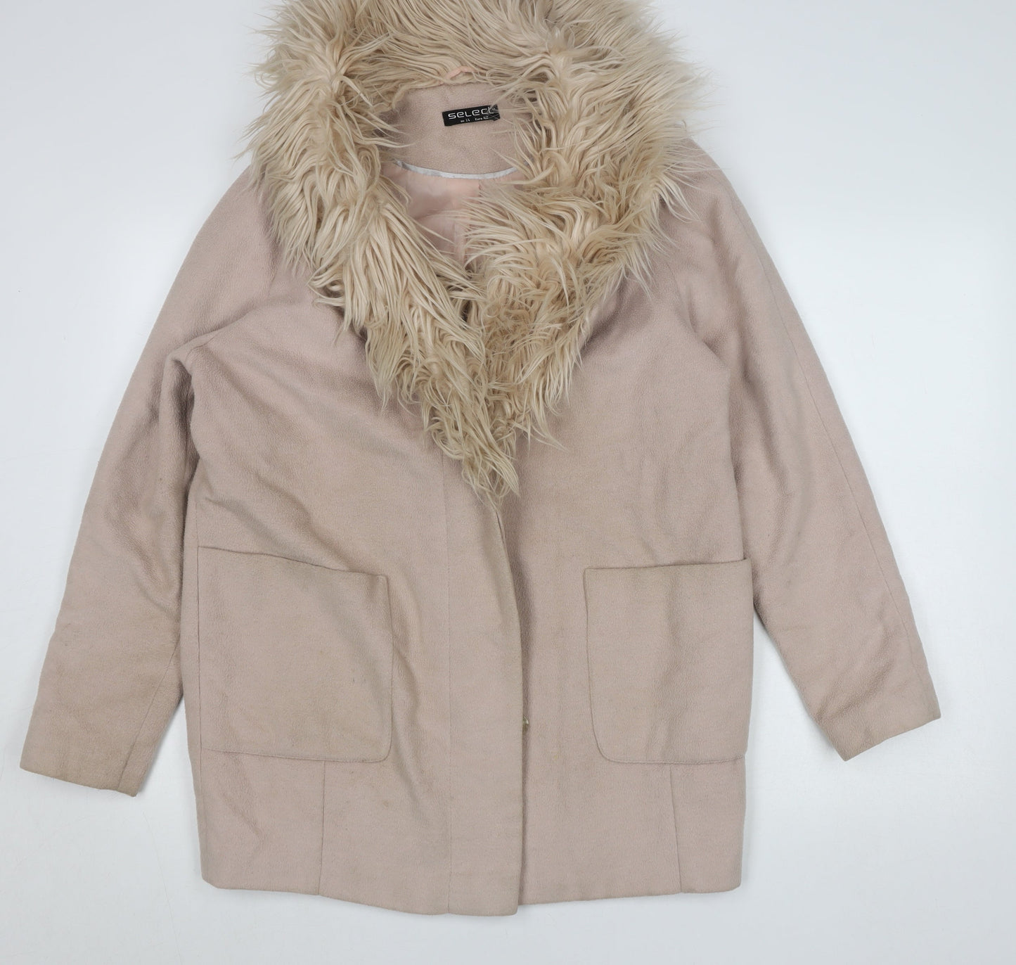 Select Womens Beige Faux Fur Trim Hooded Coat Size 14