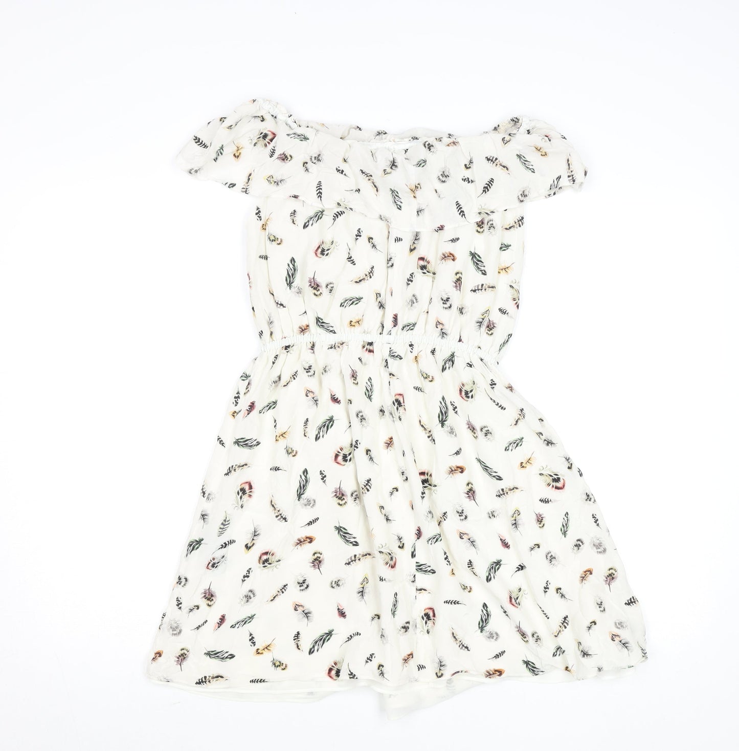 The Kooples Women Ivory A-Line Feather Print Silk Short Dress XS