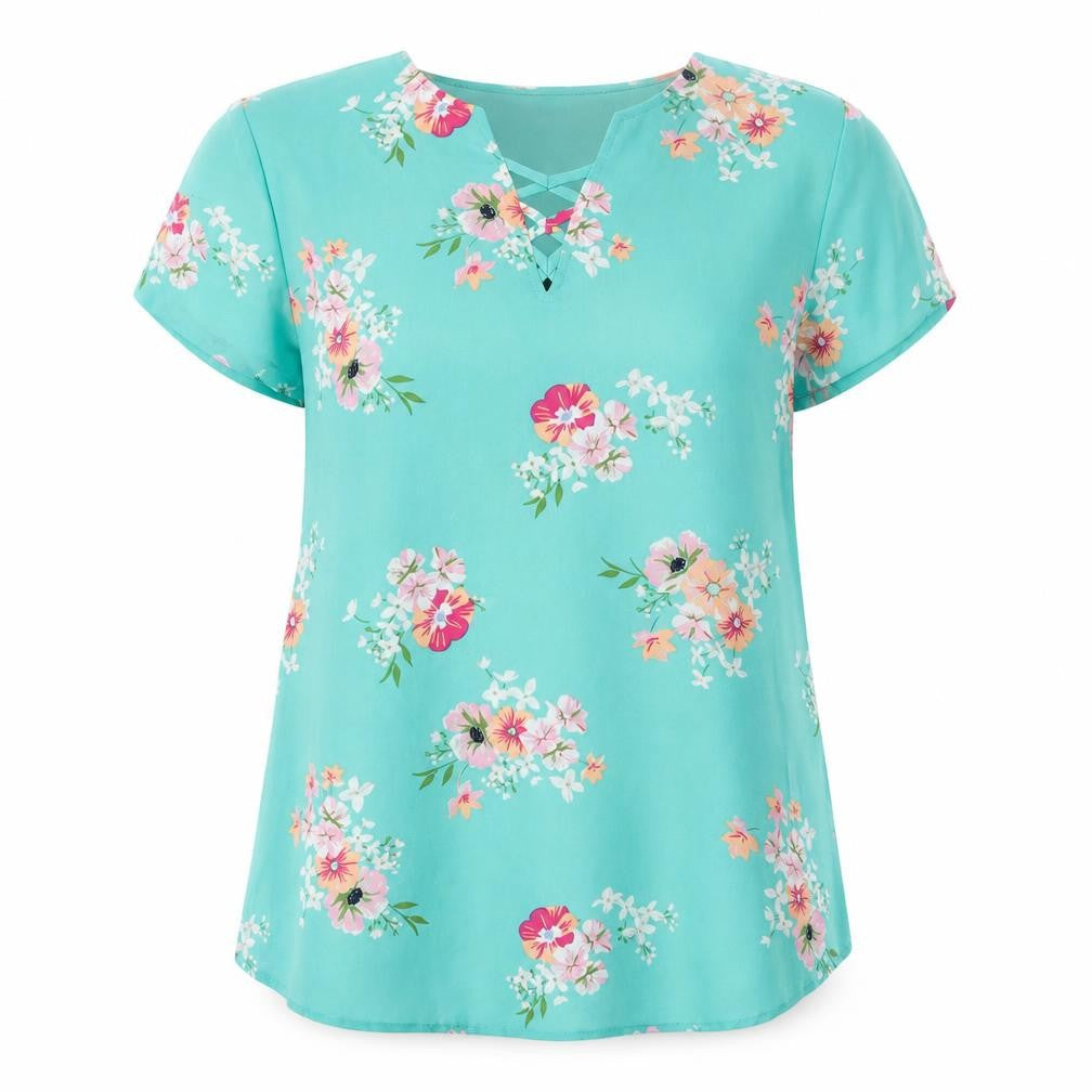 Van Heusen Women's Blue Floral V-Neck Short Sleeve Tunic Blouse XS